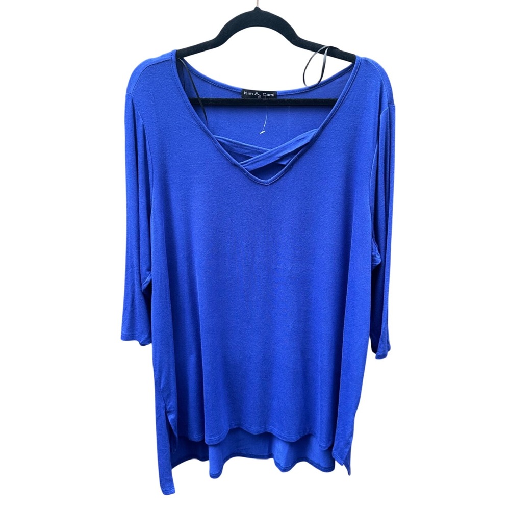 Kim & Cami Womens 2X Royal Blue Crisscross V-Neck 3/4 Sleeve Tunic Top